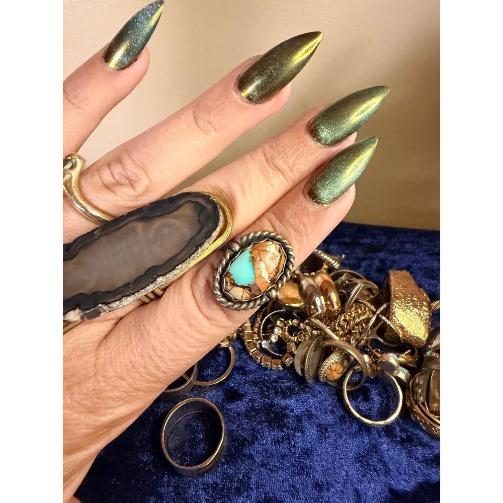 Southwestern Turquoise Copper Matrix Oval Statement Ring Sterling Silver Rope Ba